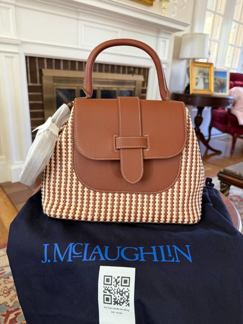 J. McLaughlin Brown leather & Cream woven Bag - New - Picture 2 of 9